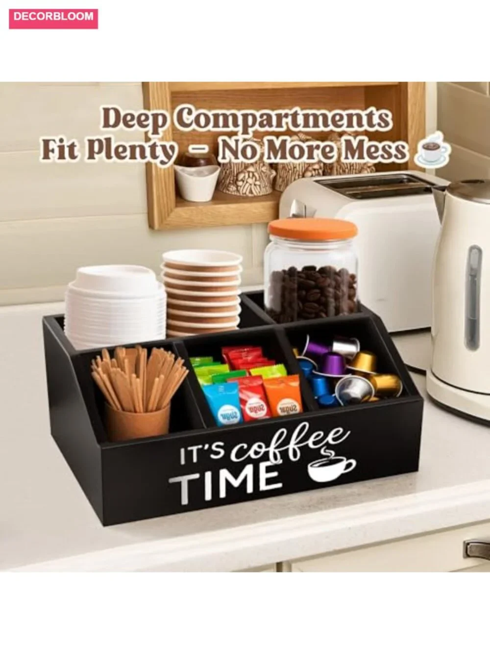 Wooden Coffee Station Organizer, Condiment Holder for Pods & Tea Bags, Rustic